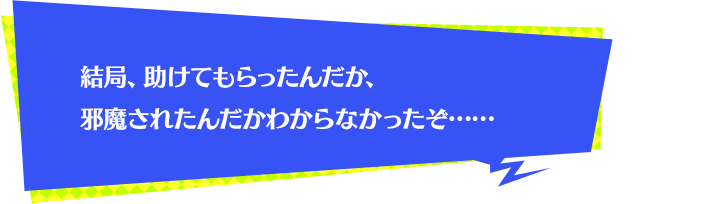 結局、助けてもらったんだか、邪魔されたんだかわからなかったぞ……